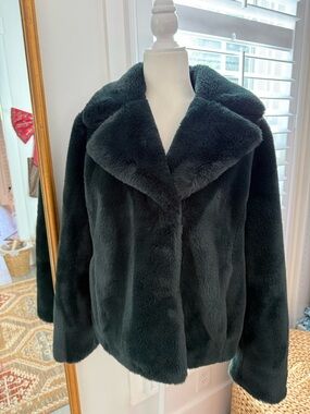 DKNY Plush Faux Fur Coat in Deep Forest Green